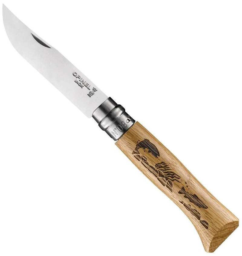 Opinel No.08 Oak Engraved Handle Folding Knife - Trout