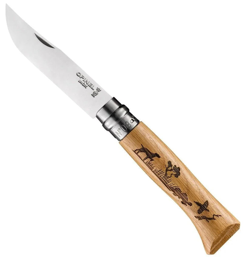 Opinel No.08 Oak Engraved Handle Folding Knife - Bird Dog