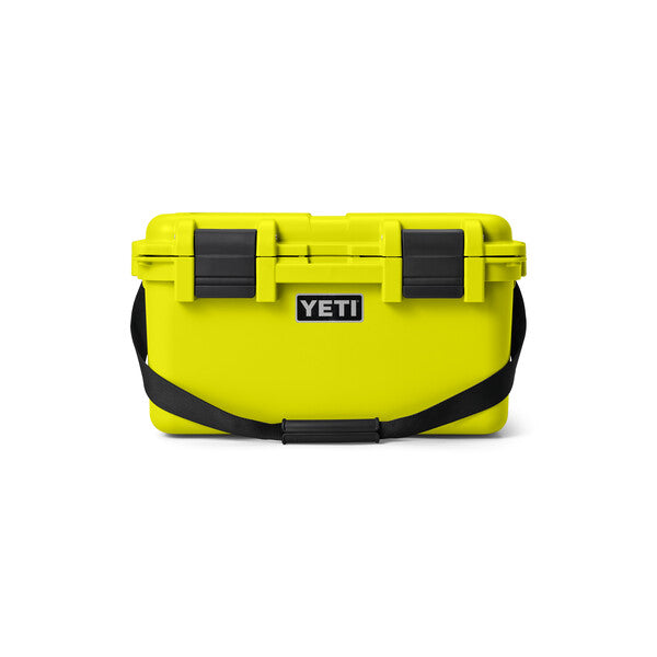 A bright yellow on sale YETI LoadOut GoBox 30 gear case with black straps and branding on the front.